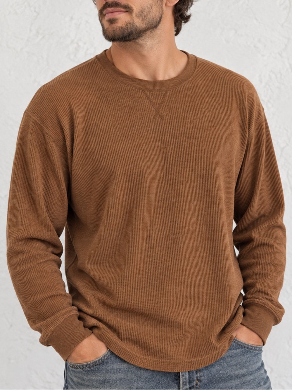 Mens Brown Waffle Knit Thermal Shirt XXL Long Sleeve Crewneck Granola Outdoors